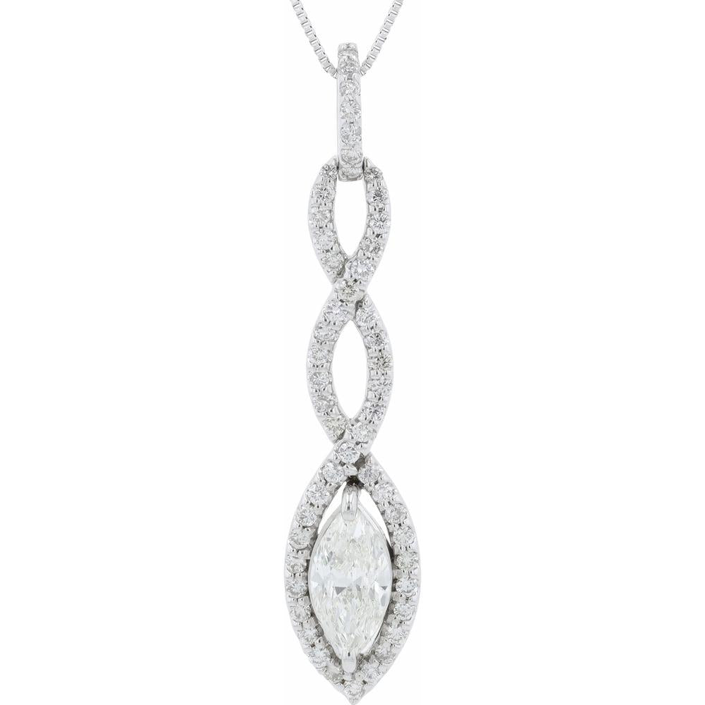 18K White Gold Infinity Pendant with 1.00 Carat Marquise Diamond and Halo - 1.46 Carats Total Diamond Weight