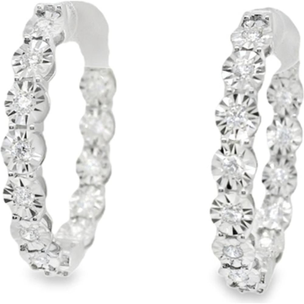 18K White Gold Inside-Out Diamond Huggie Hoop Earrings with Round Diamonds by Afarin