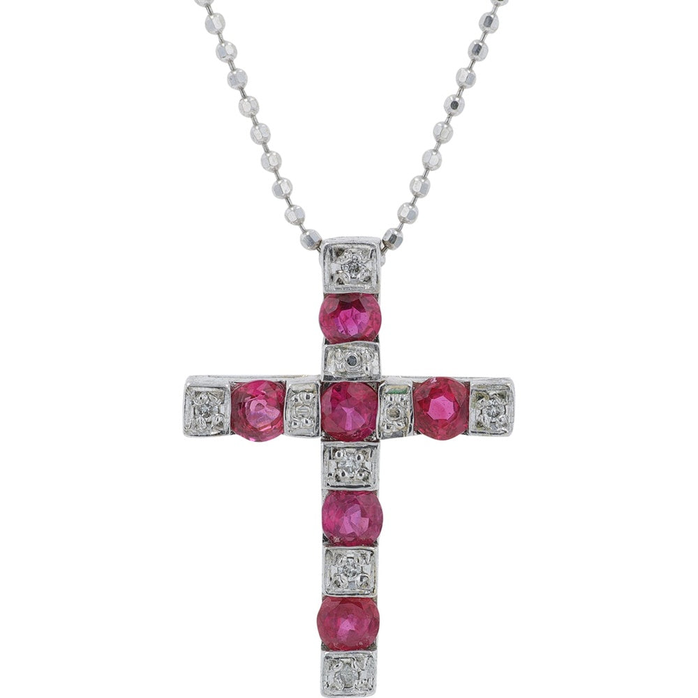 18K White Gold Interchangeable Cross Pendant with Round Rubies and Diamonds - 0.75 Carat Total Ruby Weight and 0.24 Carat Total Diamond Weight