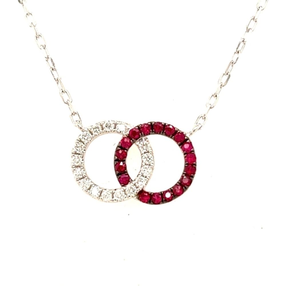18K White Gold Interlocking Circle Necklace with Round Rubies and Diamonds by Afarin