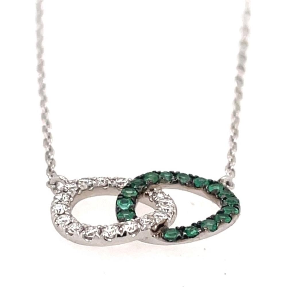 18K White Gold Interlocking Circle Pendant Necklace with Diamonds and Emeralds by Afarin
