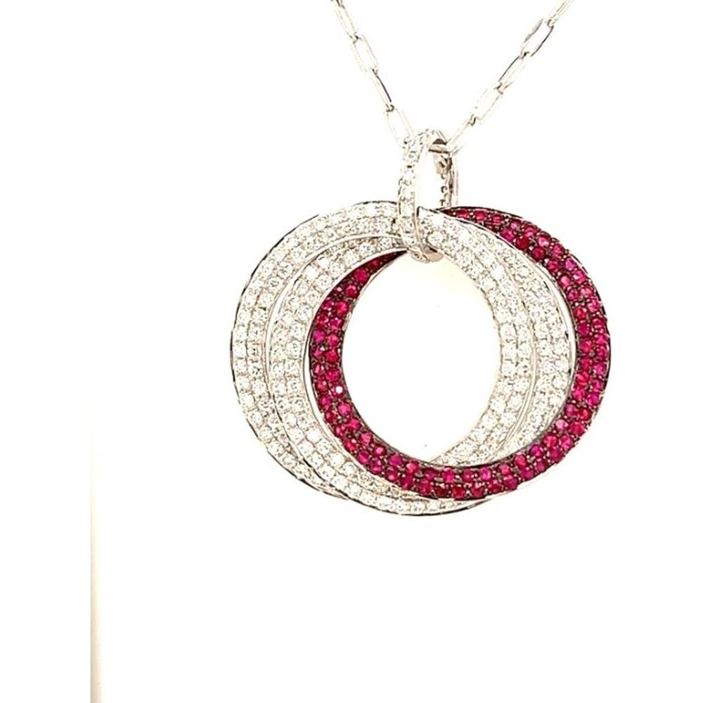 18K White Gold Interlocking Circle Pendant Necklace with Round Rubies and Pavé Diamonds by Afarin