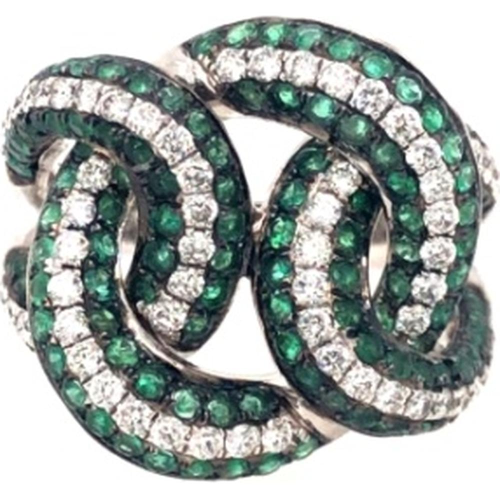 18K White Gold Interlocking Statement Ring with Pavé Diamonds and Emeralds by Afarin