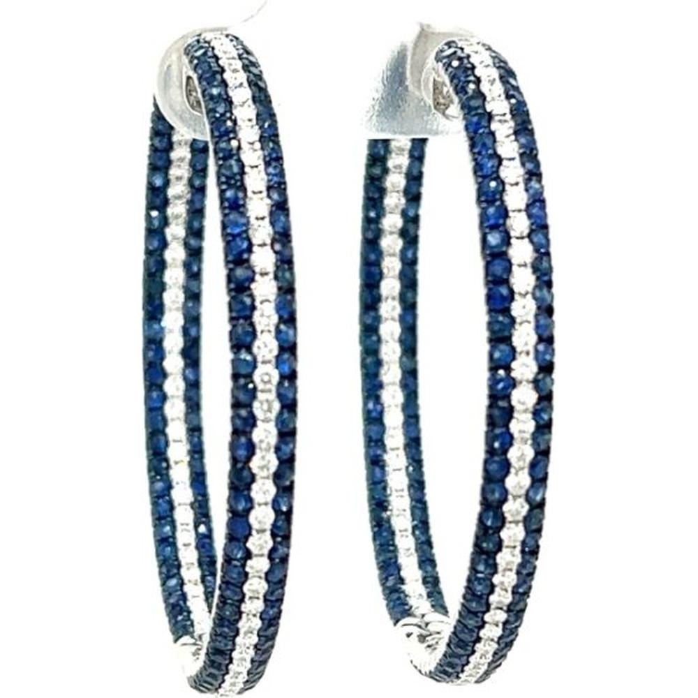 18K White Gold Large Hoop Earrings with Round Blue Sapphires and Diamond Rows by Afarin