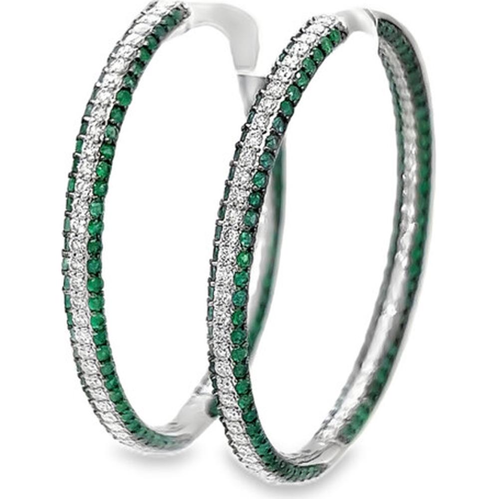 18K White Gold Large Hoop Earrings with Round Emeralds and Diamonds by Afarin