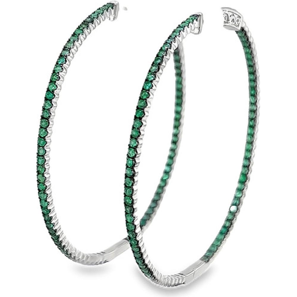 18K White Gold Large Hoop Earrings with Round Emeralds by Afarin