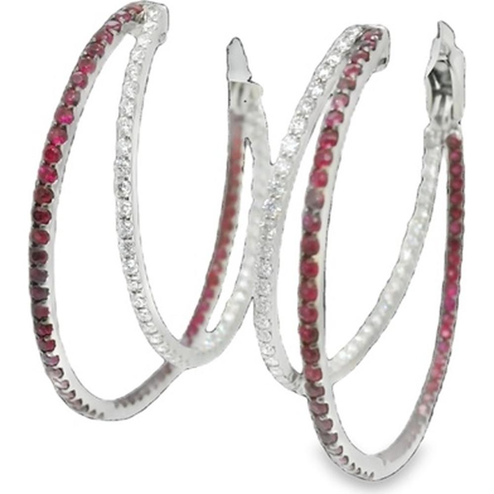 18K White Gold Large Hoop Earrings with Round Rubies and Round Diamonds by Afarin