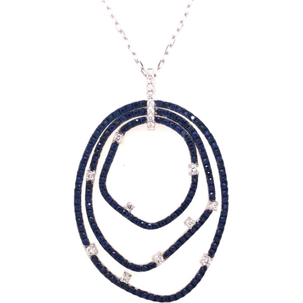 18K White Gold Layered Open Oval Pendant with Blue Sapphires and Diamond Accents by Afarin