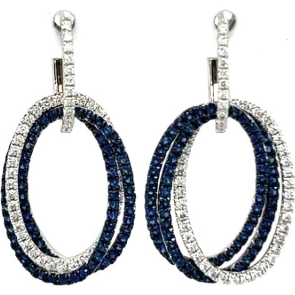 18K White Gold Layered Oval Drop Earrings with Blue Sapphires and Diamonds by Afarin