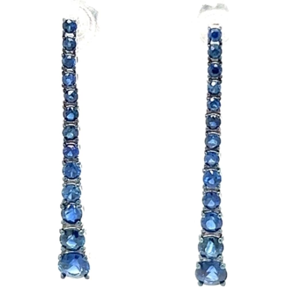 18K White Gold Linear Drop Earrings with Round Blue Sapphires by Afarin