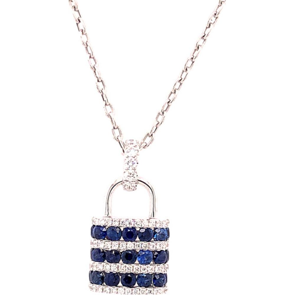 18K White Gold Lock Pendant Necklace with Round Blue Sapphires and Diamond Accents by Afarin