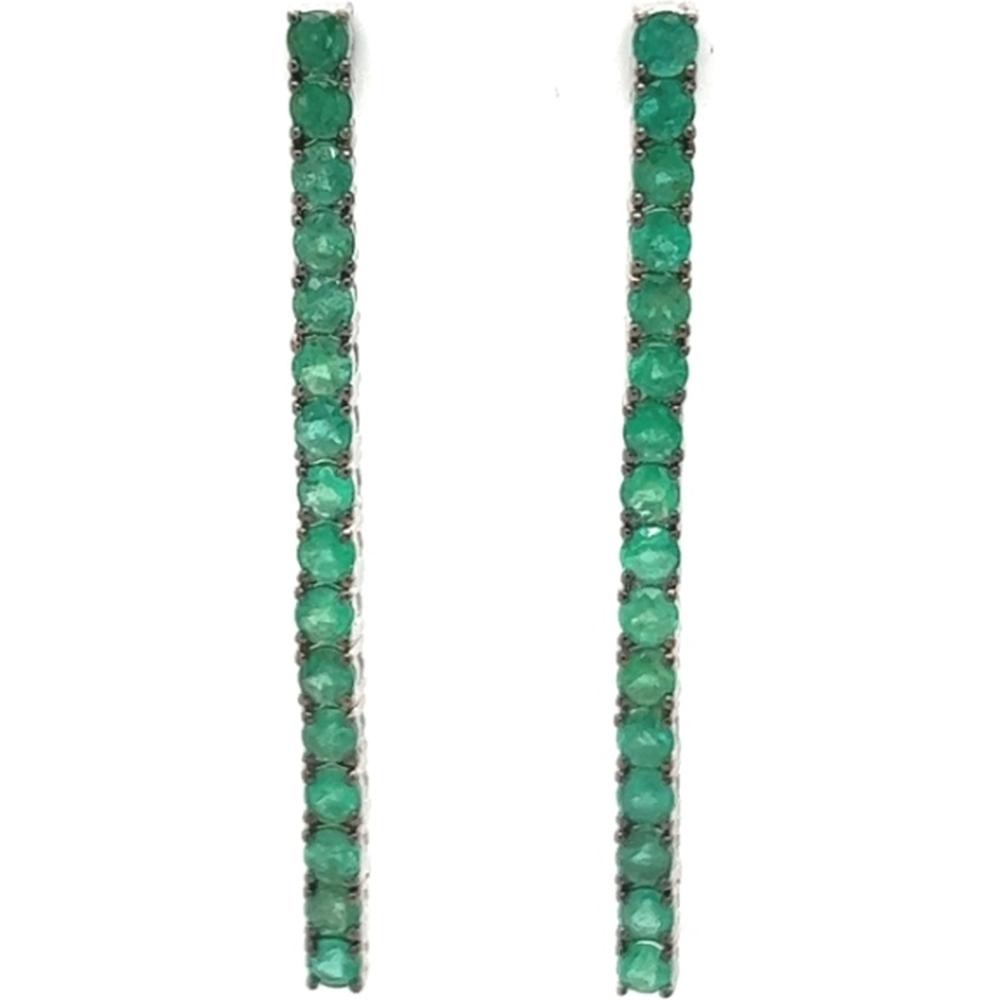 18K White Gold Long Drop Earrings with Prong Set Round Emeralds by Afarin