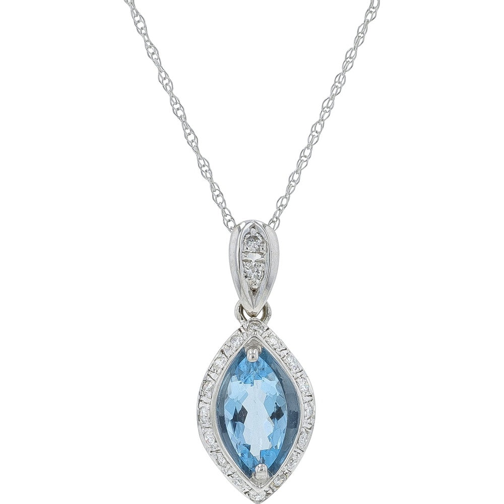 18K White Gold Marquise Aquamarine Pendant with Diamond Halo - 0.62 Carat Aquamarine and 0.13 Carat Diamond Accents on 18" Chain