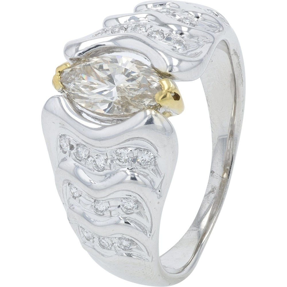 18K White Gold Marquise Cut Diamond Engagement Ring with Yellow Gold Prongs and Wavy Accent Band - 1.15 Carat Total Diamond Weight