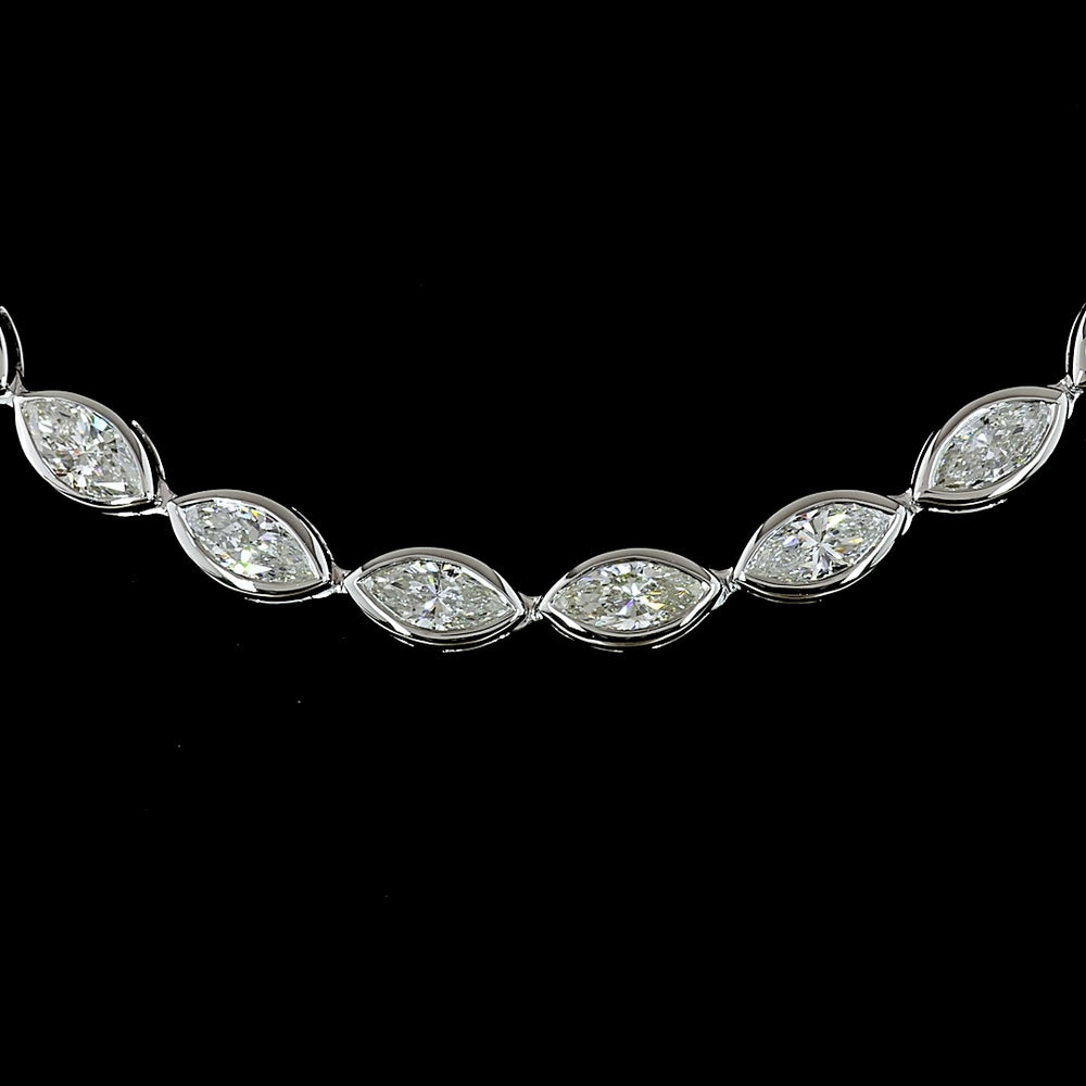 18K White Gold Marquise Cut East-West Tennis Necklace with 54 Bezel Set Lab Diamonds - 11.10 Carat Total Weight - Covaloro Fine Jewelry