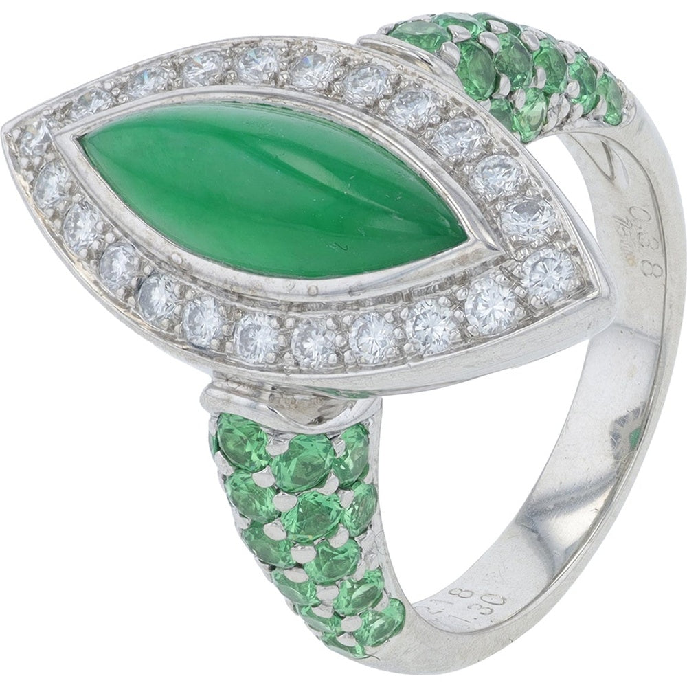 18K White Gold Marquise-Cut Jade Halo Ring with Pave Green Garnet and Diamond Accents - 2.18 Carat Jade, 1.30 Carat Green Garnet, 0.30 Carat Total Diamond Weight