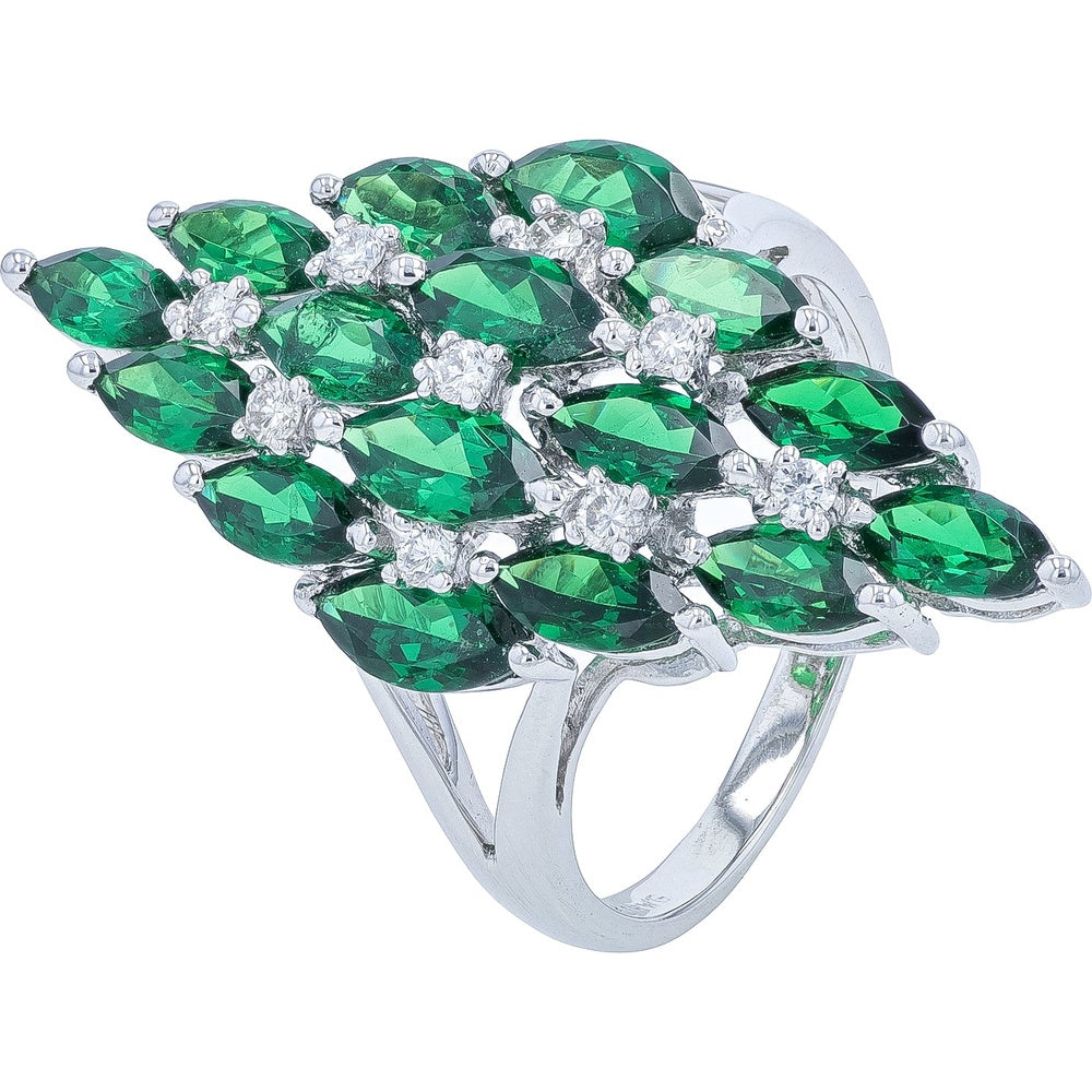 18K White Gold Marquise-Cut Tsavorite and Diamond Cluster Ring - 4.45 Carat Total Tsavorite Weight with 0.22 Carat Diamond Accents