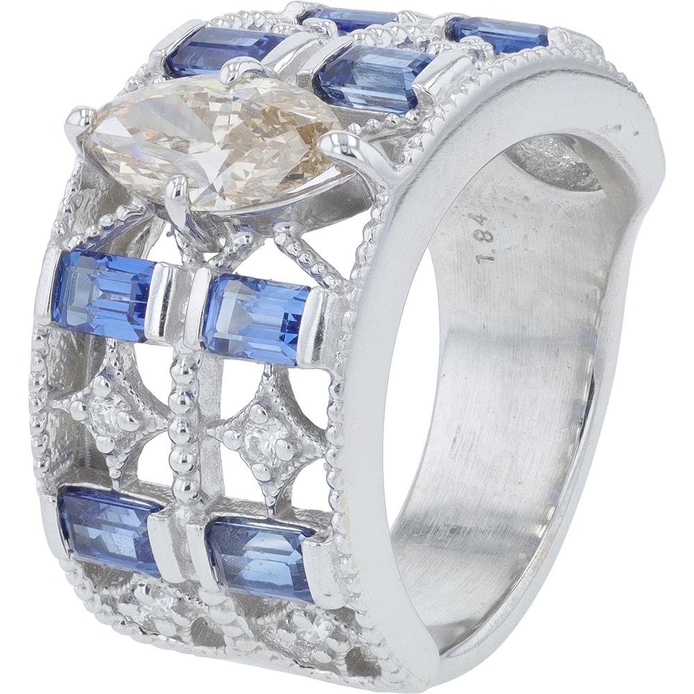 18K White Gold Marquise Sapphire Ring with Baguette Sapphire Accents and 1.16 Carat Total Diamond Weight