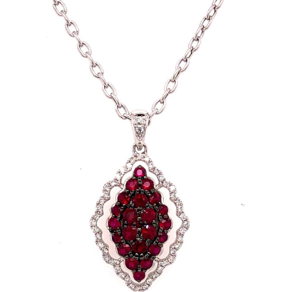 18K White Gold Marquise-Style Pendant with Round Rubies and Diamond Halo by Afarin