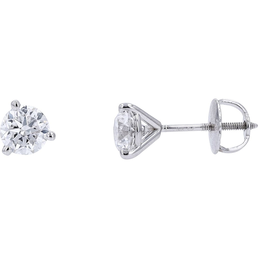 18K White Gold Martini-Set Round Diamond Stud Earrings - 1.00 Carat Total Diamond Weight with Secure Screw Backs