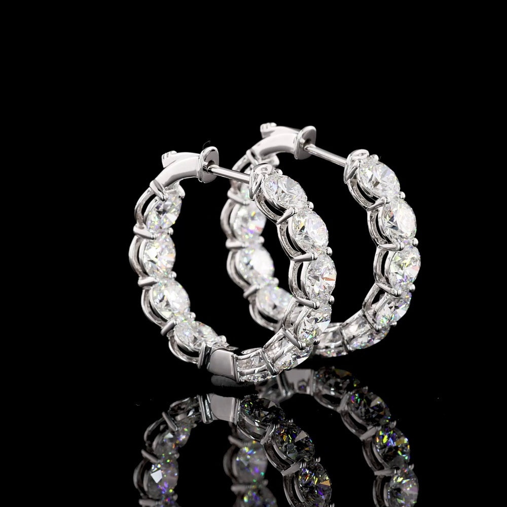 18K White Gold Medium Hoop Earrings with 6.74 Carat Total Weight Round Lab Diamonds - Prong Set E-F VS2 Quality - Covaloro Fine Jewelry