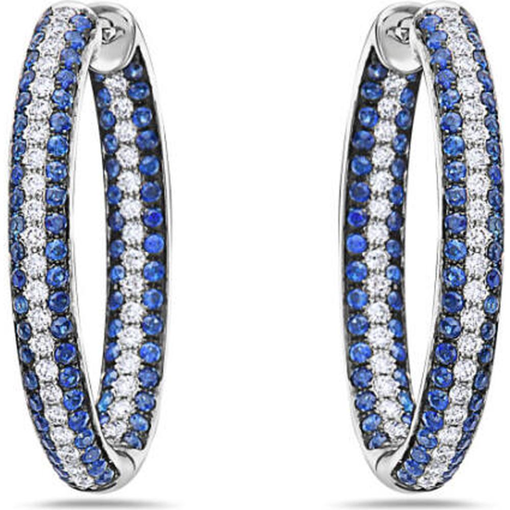 18K White Gold Medium Hoop Earrings with Blue Sapphires and Round Diamonds by Afarin