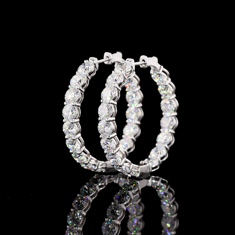 18K White Gold Medium Hoop Earrings with Prong Set Round Brilliant Lab Diamonds - 10.80 Carat Total Diamond Weight - Covaloro Fine Jewelry