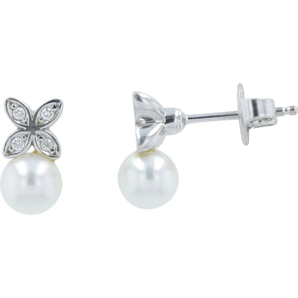 18K White Gold Mikimoto Pearl Earrings with 0.04 Carat Diamond Accents