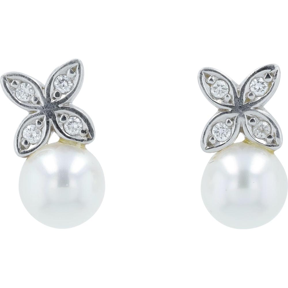 18K White Gold Mikimoto Pearl Earrings with 0.04 Carat Diamond Accents