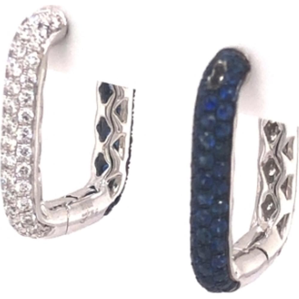18K White Gold Mismatched Huggie Earrings with Round Diamonds and Blue Sapphires by Afarin