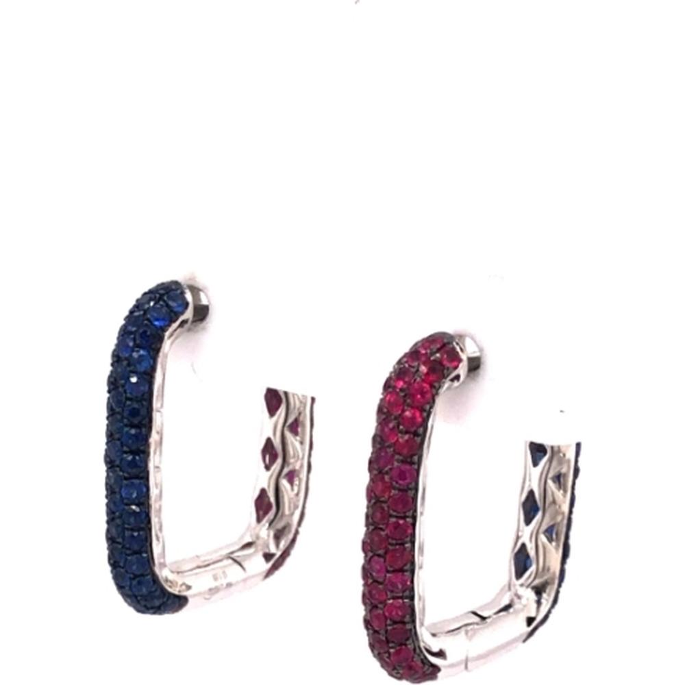 18K White Gold Mismatched Huggie Earrings with Round Rubies and Blue Sapphires by Afarin