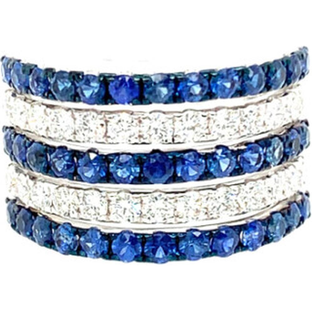 18K White Gold Multi-Row Band Ring with Round Blue Sapphires and Diamond Accent Rows by Afarin