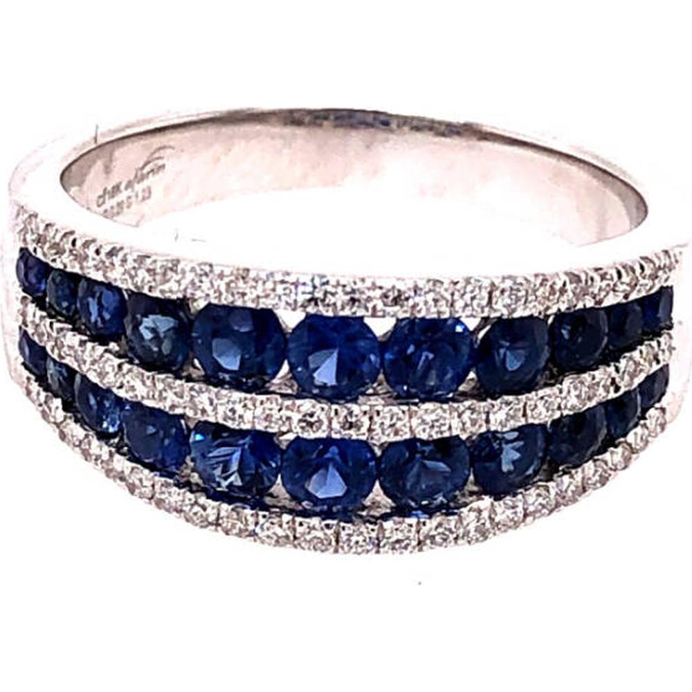 18K White Gold Multi-Row Band Ring with Round Blue Sapphires and Diamond Accents by Afarin