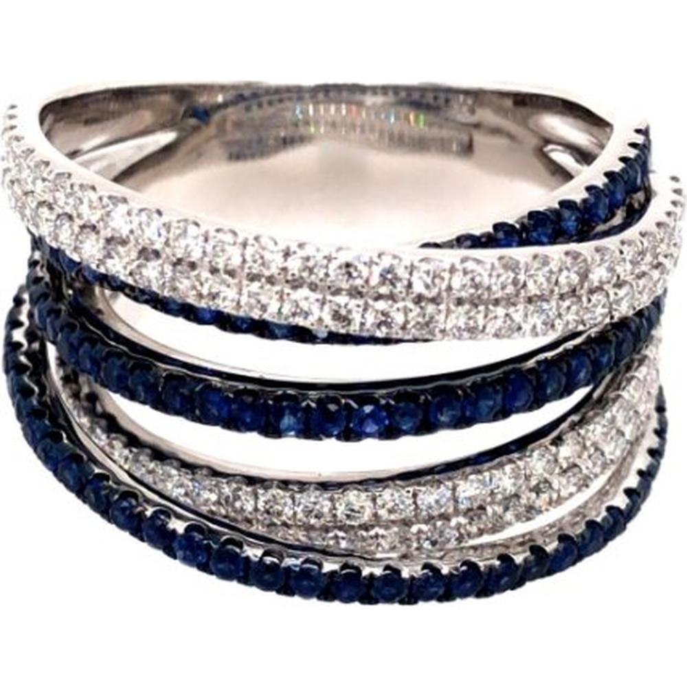 18K White Gold Multi-Row Band Ring with Round Blue Sapphires and Diamonds by Afarin