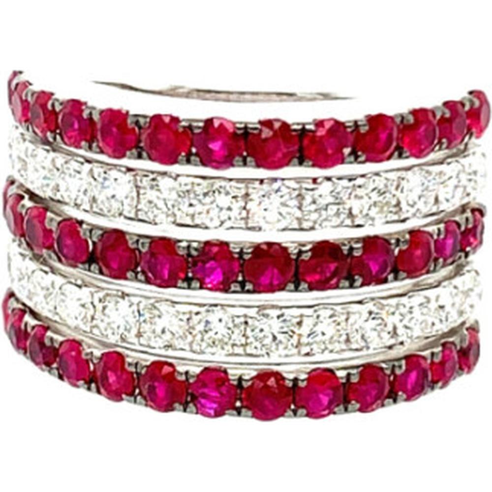 18K White Gold Multi-Row Band Ring with Round Rubies and Diamond Accents by Afarin
