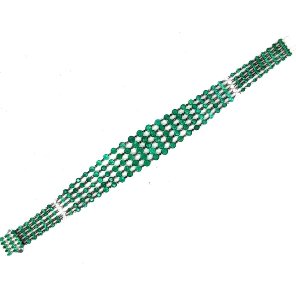 18K White Gold Multi-Row Bracelet with Round Emeralds by Afarin