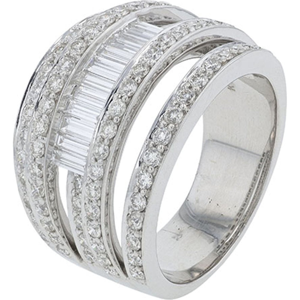 18K White Gold Multi-Row Cocktail Ring with Channel-Set Baguette and Pavé-Set Round Diamonds - 1.73 Carat Total Diamond Weight