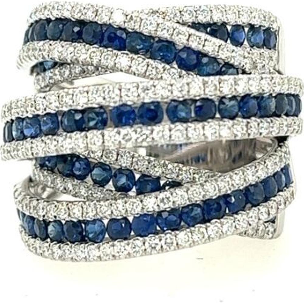 18K White Gold Multi-Row Contemporary Ring with Round Blue Sapphires and Round Diamonds by Afarin