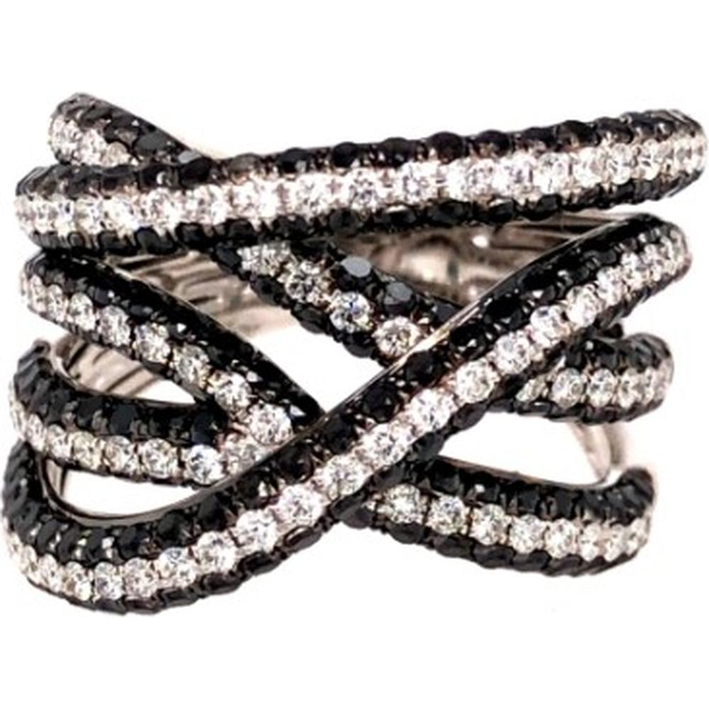 18K White Gold Multi-Row Crisscross Ring with Black and White Round Diamonds by Afarin