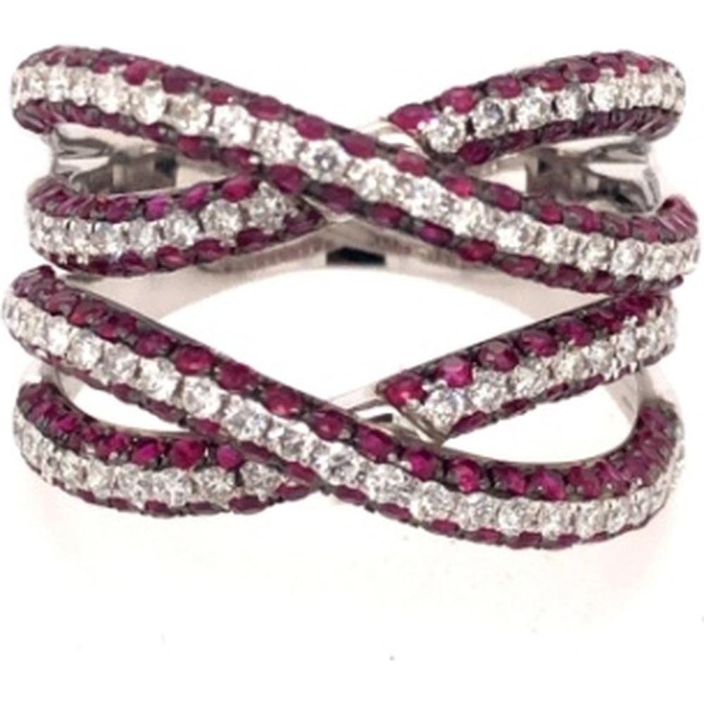 18K White Gold Multi-Row Crossover Ring with Round Rubies and Round Diamonds by Afarin