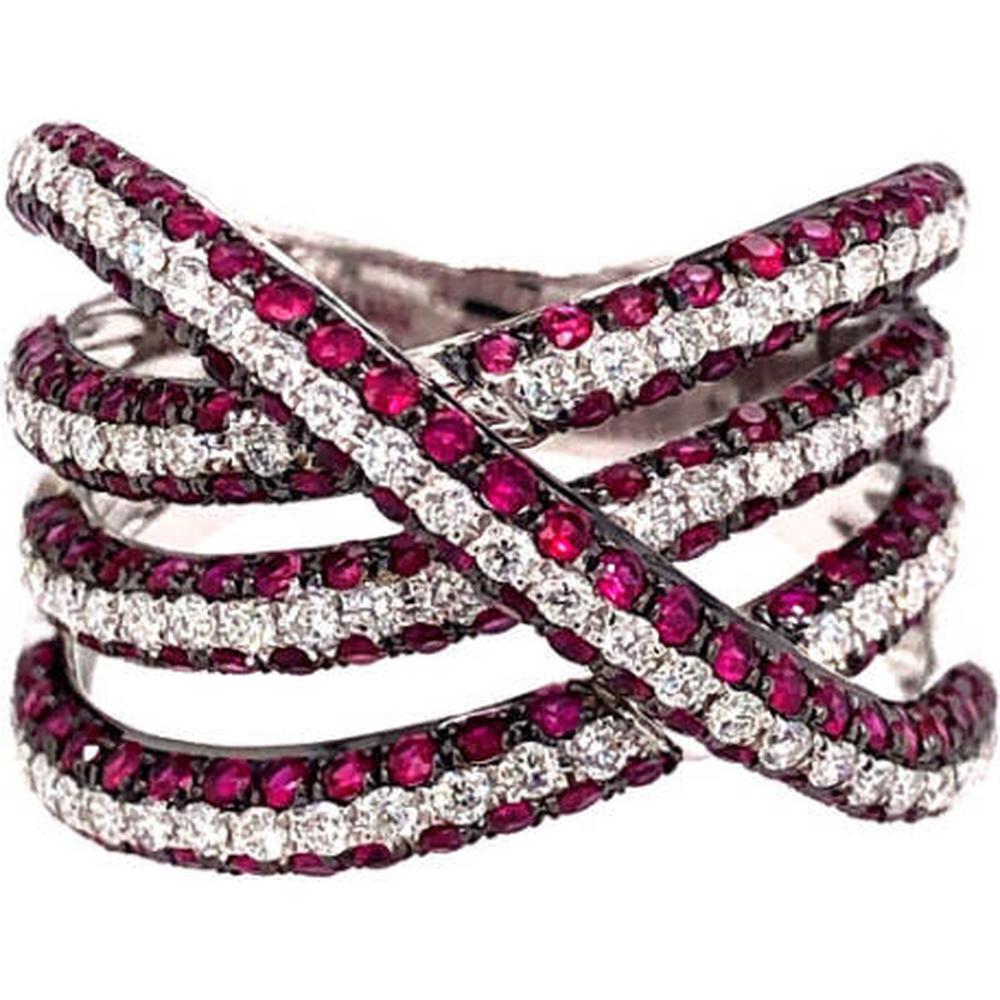 18K White Gold Multi-Row Crossover Ring with Rubies and Diamonds by Afarin