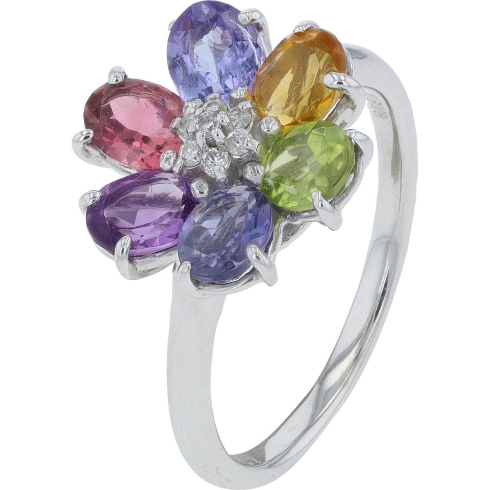 18K White Gold Multicolor Sapphire Flower Ring with Diamond Accent - 1.76 Carat Total Sapphire Weight