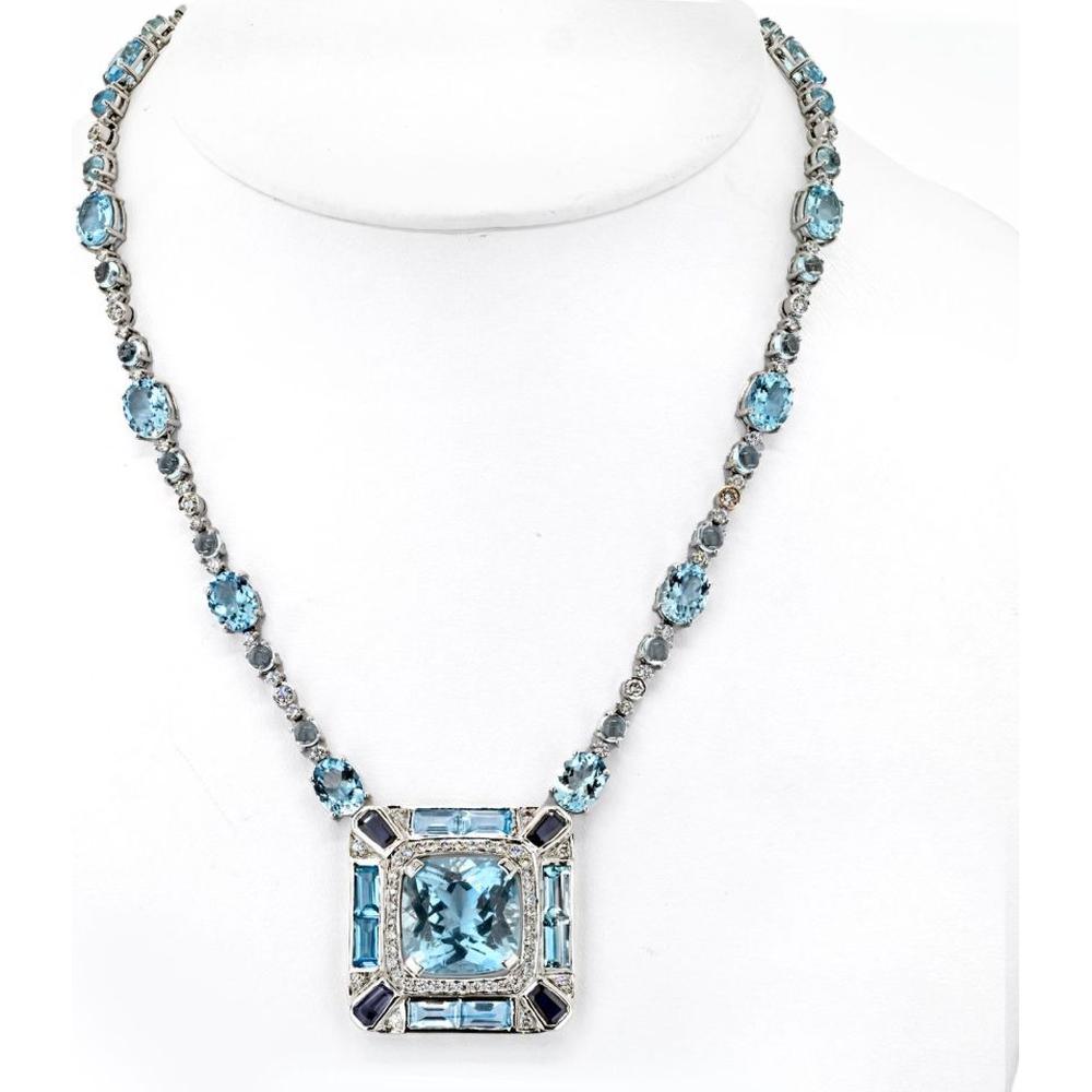 18K White Gold Necklace with Aquamarine and Diamonds - 5.25 Carats Total Diamond Weight
