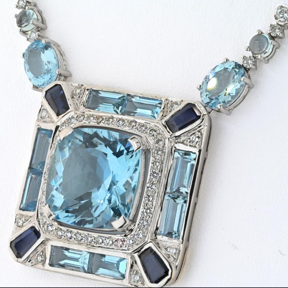 18K White Gold Necklace with Aquamarine and Diamonds - 5.25 Carats Total Diamond Weight