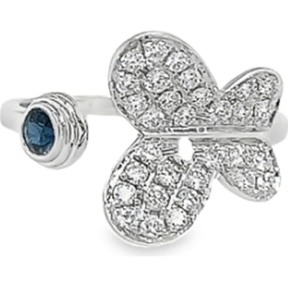 18K White Gold Open Butterfly Ring with Round Diamonds and Blue Sapphire Accent by Afarin