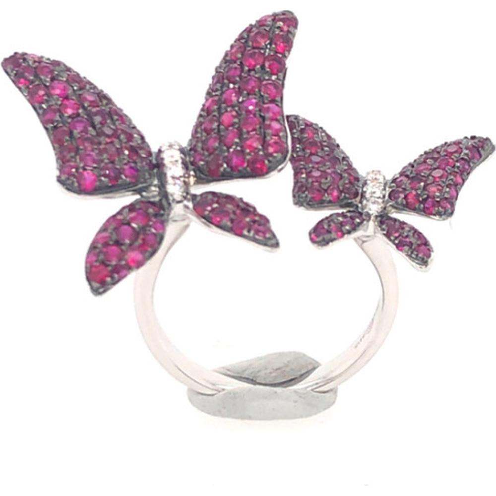 18K White Gold Open Butterfly Ring with Ruby Pavé Wings and Diamond Accents by Afarin