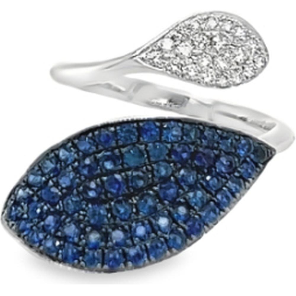 18K White Gold Open Bypass Ring with Pavé Blue Sapphires and Diamond Accent by Afarin