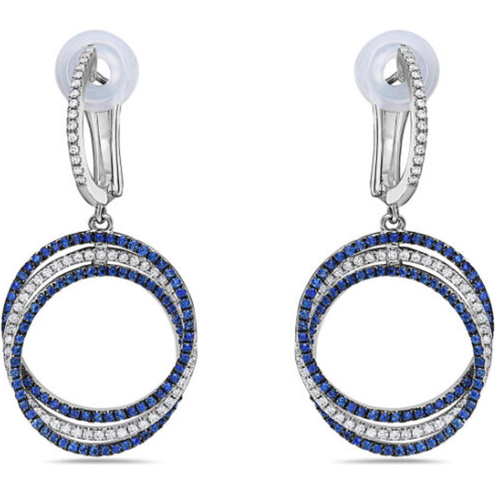 18K White Gold Open Circle Drop Earrings with Diamonds and Blue Sapphires by Afarin