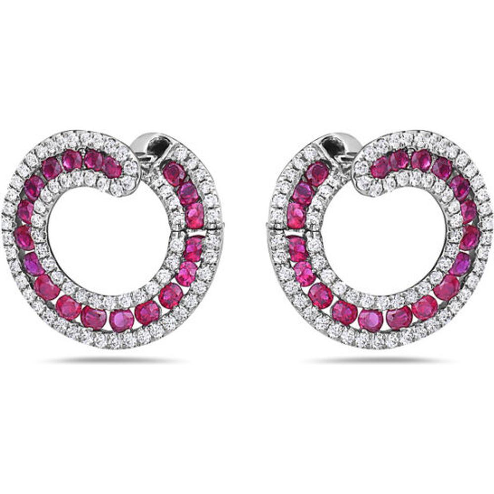18K White Gold Open Circle Earrings with Rubies and Diamond Accents by Afarin