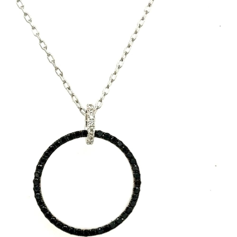18K White Gold Open Circle Pendant Necklace with Black Diamonds by Afarin